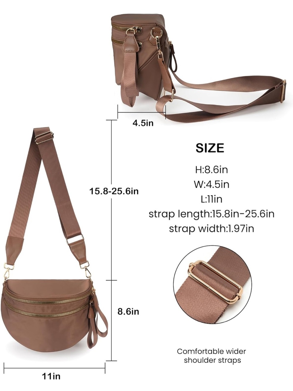 Women’s Brown Crossbody Bag with Gold Zippers - Picture 8 of 8